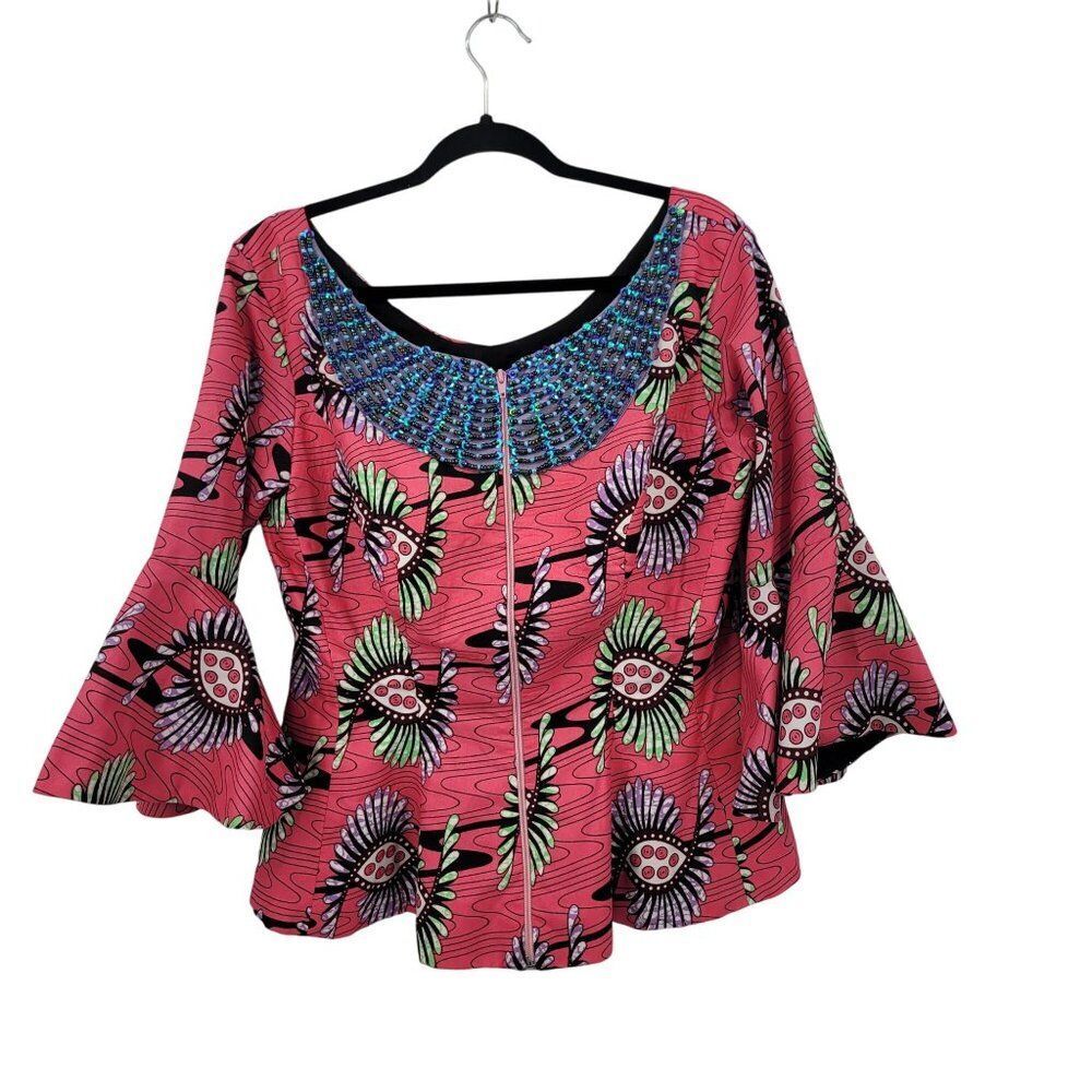 Handmade African Print Bell Sleeve Top Blazer Sz M Beaded‎ Colorful Flattering